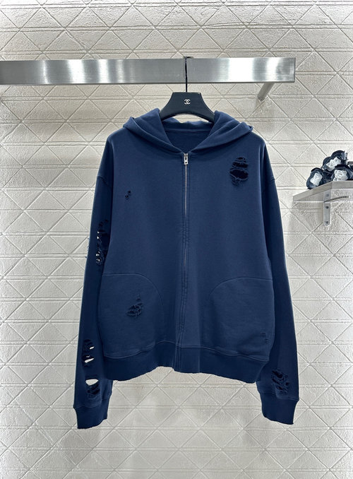 Dior Custom Cotton Hooded Zip-Up Sweatshirt with Holes and Insignia