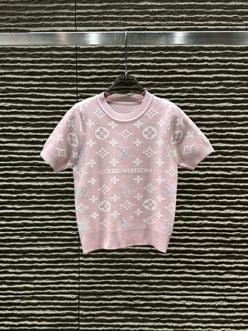 Louis Vuitton Hot-Fixed Rhinestone Full Jacquard Letter Knitted Short-Sleeved Top