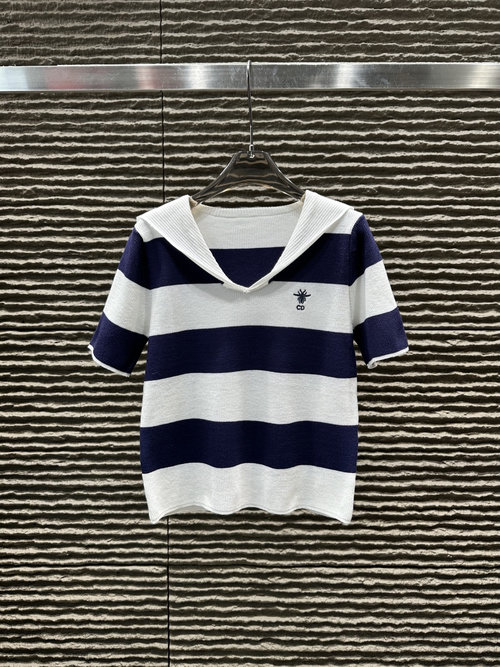 Dior Navy Collar Striped Jacquard Letter Short-Sleeved Top