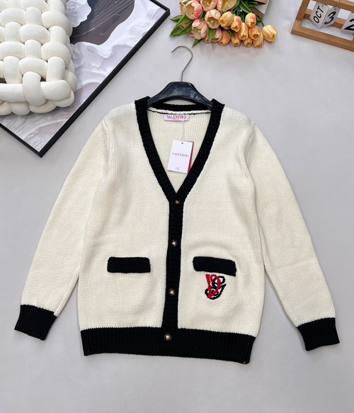 Valentino Contrast V-Neck Knit Cardigan with Gold Buttons