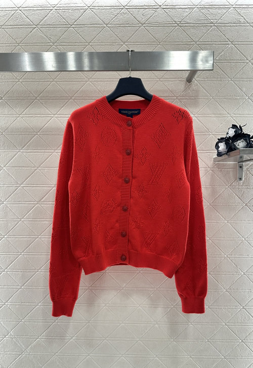 Louis Vuitton Red Open Front Knit Cardigan with Floral Emblem