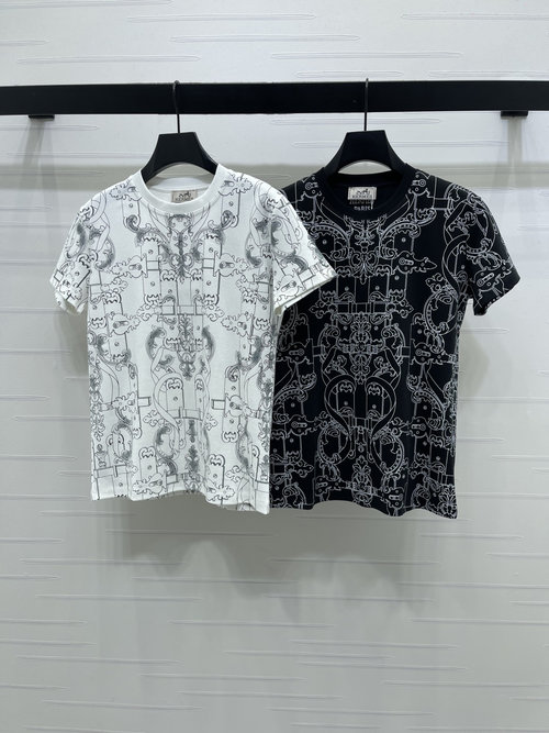 Hermes Black - and - White Print Breathable T - shirt, Latest Collection