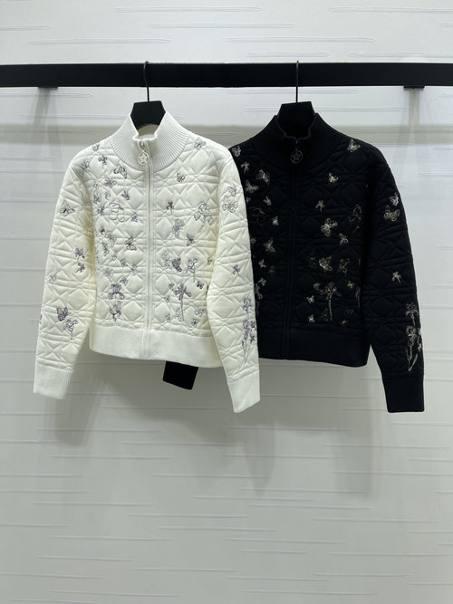 Dior Luxurious Knitted Cardigan Showcasing Textured Diamond Pattern and Embroidered Butterflies