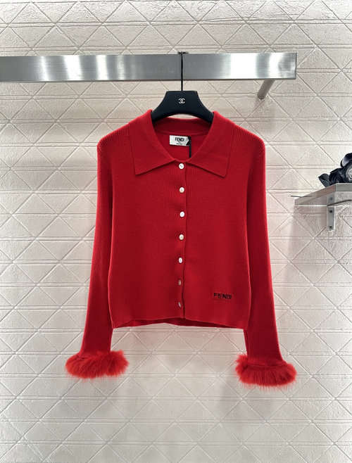 Dior Soft Knit Open Cardigan with Fur Cuffs and Logo