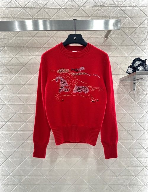 Burberry Embroidery Warhorse Knit Sweater with Colorful Logo