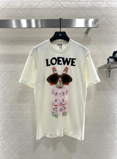 Loewe Round Neck Cartoon Print Stretch Cotton T-Shirt with Logo Glasses