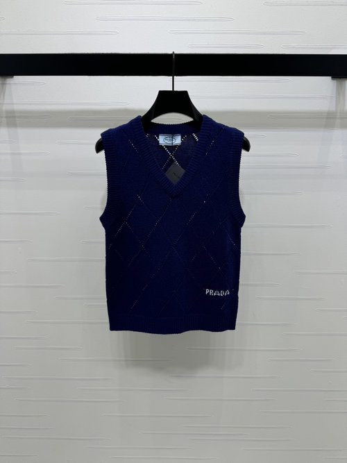 Prada V-Neck Diamond Knit Vest with Embroidered Logo