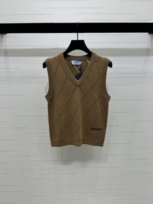 Prada V-Neck Diamond Knit Vest with Embroidered Logo