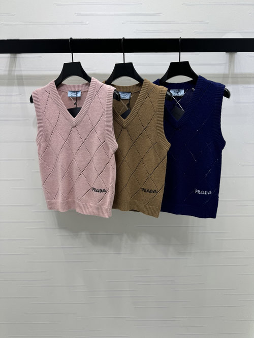Prada V-Neck Diamond Knit Vest with Embroidered Logo