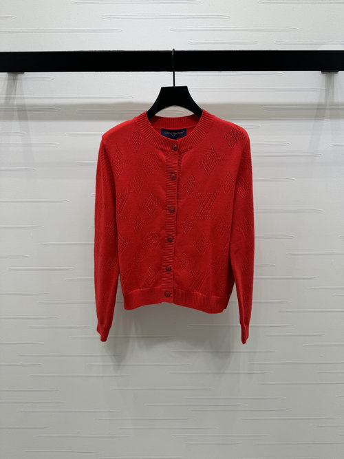 Louis Vuitton Jacquard Knit Cardigan with Hollow Logo, Vibrant Red Elegance