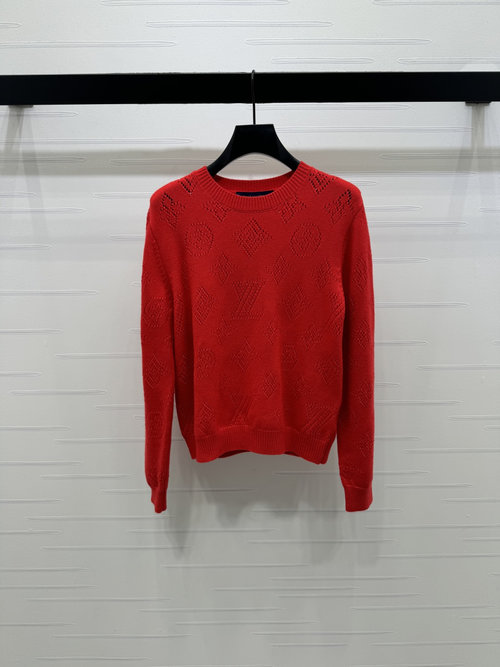 Louis Vuitton Red Jacquard Knit Sweater with Hollow Logo
