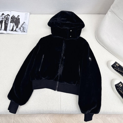 Loewe Cozy Rabbit Fur Hooded Jacket with Sleeve Logo Patch