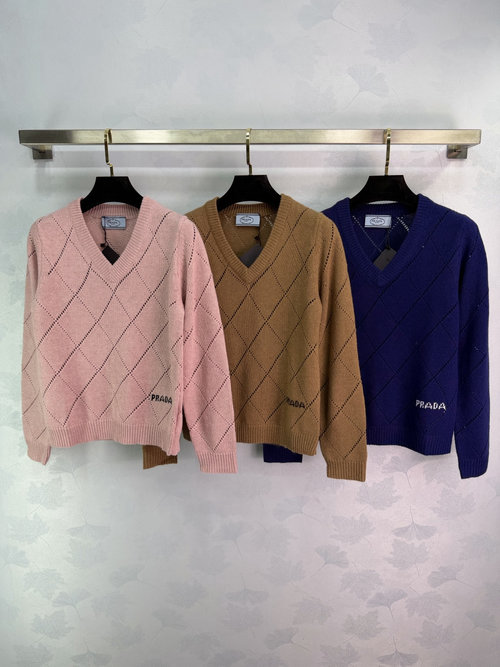 Prada V - Neck Diamond Knit Long - Sleeve Top with Logo