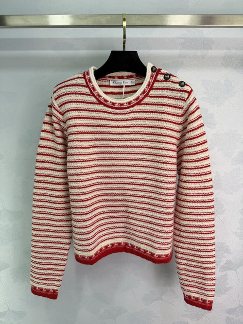 Dior Red and White Striped Knit Sweater with Star Buttons