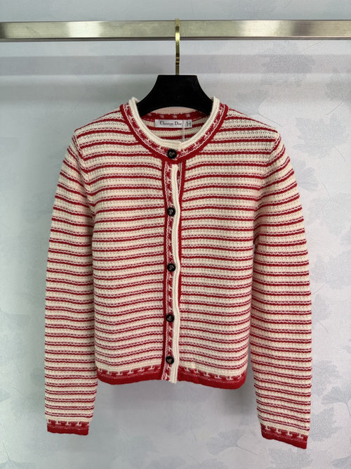 Dior Red and White Striped Cardigan with Star Buttons