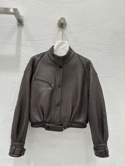 Bottega Veneta Handcrafted Leather Biker Jacket with Intricate Weaving, Luxurious and Adaptable