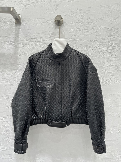 Bottega Veneta Handcrafted Leather Biker Jacket with Intricate Weaving, Luxurious and Adaptable