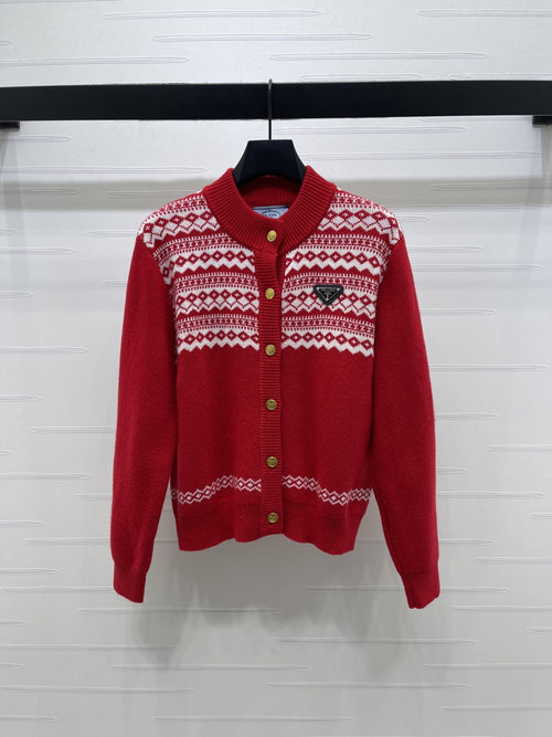 Prada Luxury Wool Fair Isle Crochet Round-neck Cardigan with Brand Emblem