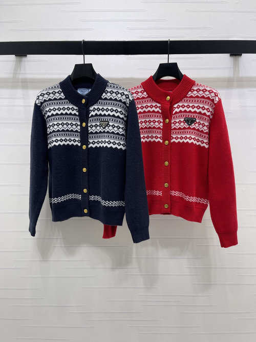 Prada Luxury Wool Fair Isle Crochet Round-neck Cardigan with Brand Emblem