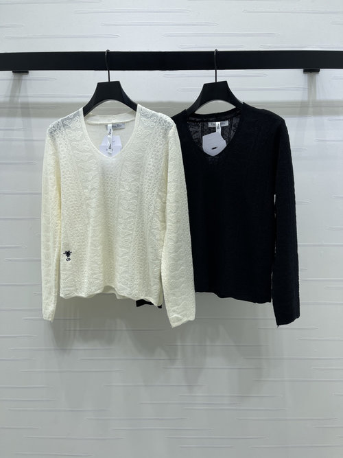 Dior High-quality Silk-wool Butterfly Crochet V-neck Pullover