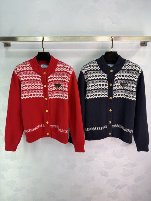 Prada Fair Isle Crochet Open Cardigan with Brand Emblem