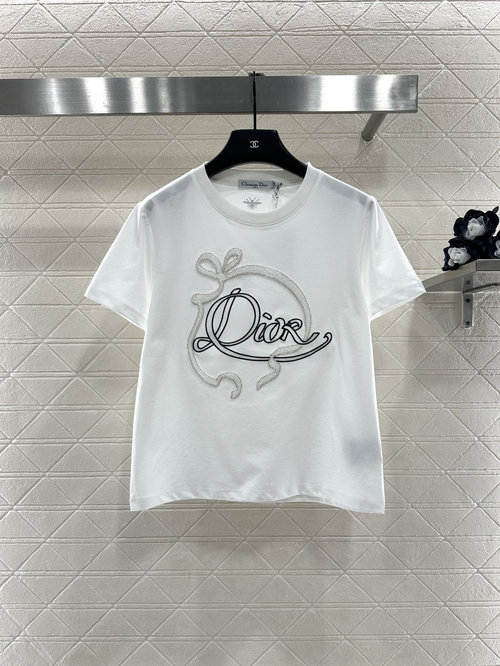 Dior Short T-Shirt with Beaded Ribbon and Embroidered Logo