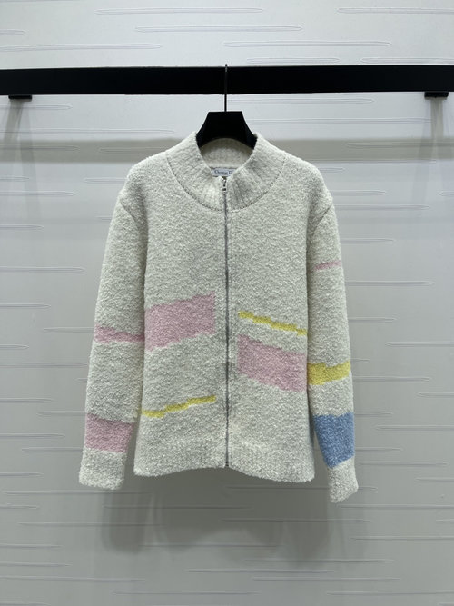 Dior Zip-Up Knitted Cardigan with Stripes Accent