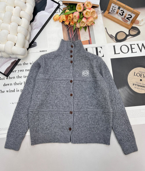 Loewe Soft Wool Blend Cardigan with Signature Embroidery, Two Colors