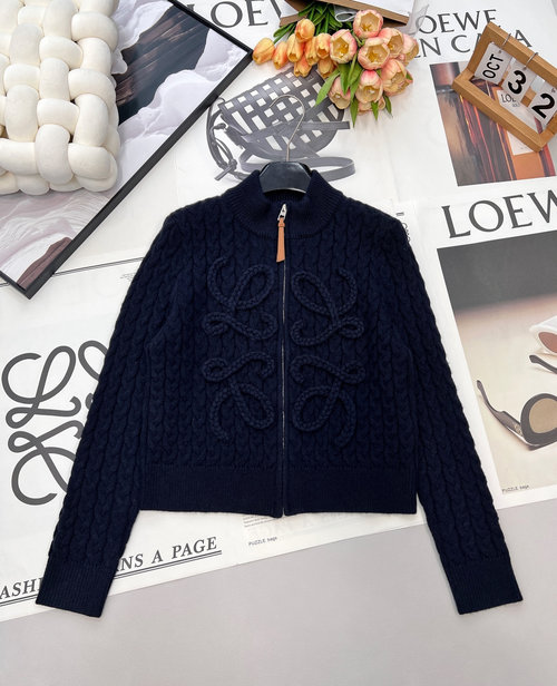Loewe New Crochet Jacquard Cardigan with 3D Logo and Leather Zipper