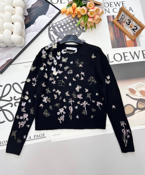 Dior Butterfly Embroidery Long-Sleeve Knitwear with Artistic Style