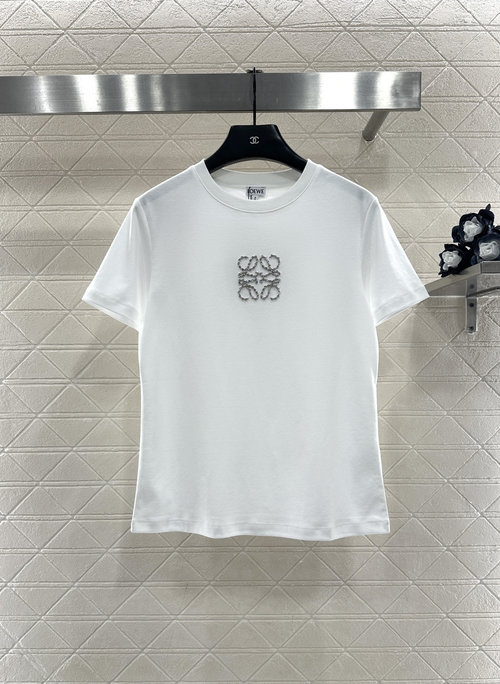 Loewe Customized Rhinestone Logo Cotton Short Sleeve T-Shirt