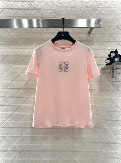 Loewe Customized Rhinestone Logo Cotton Short Sleeve T-Shirt