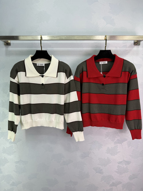 Brunello Cucinelli Soft Wool Striped Knit Sweater, Classic Collar