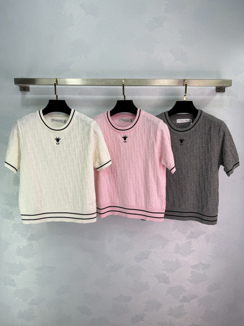 Dior Alphabet Jacquard Round-neck Short-sleeve Sweater with Elastic