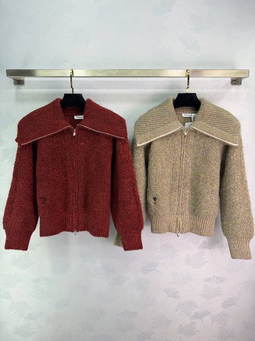 Dior Soft Loop Yarn Zip Sweater with Large Collar