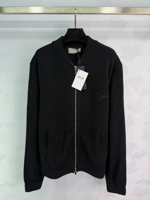 Dior Chic Black Zip-Up Knit Jacket with Pocket