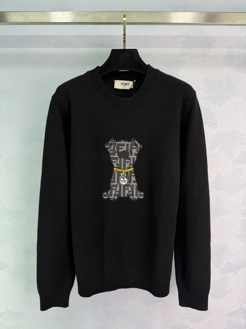 Fendi Black Knit Sweater with FF Puppy Pattern and Chain