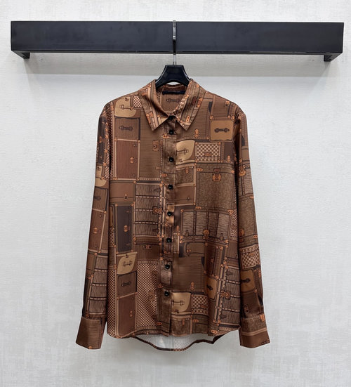 Louis Vuitton Printed Collar Shirt in Brown with Silk Texture, Perfect for Daily Elegance