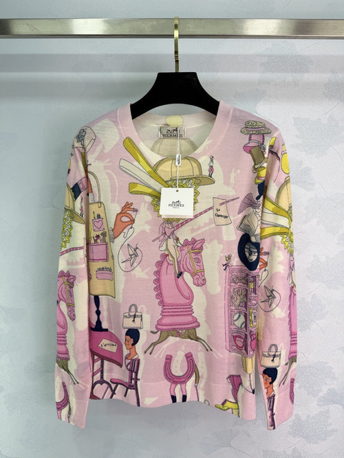 Hermes Pink Printed Knit Sweater with Checkerboard Motifs