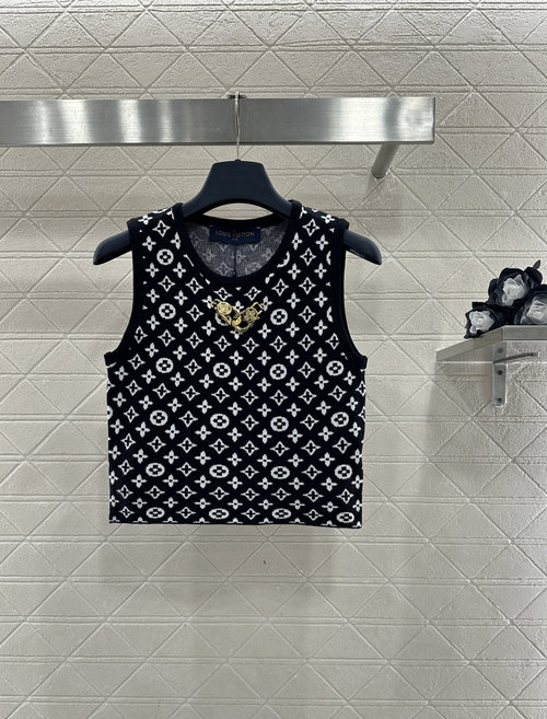 Louis Vuitton Custom Wool Knit Vest with Rhinestone Buckle and Floral Jacquard