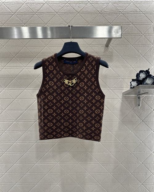 Louis Vuitton Custom Wool Knit Vest with Rhinestone Buckle and Floral Jacquard