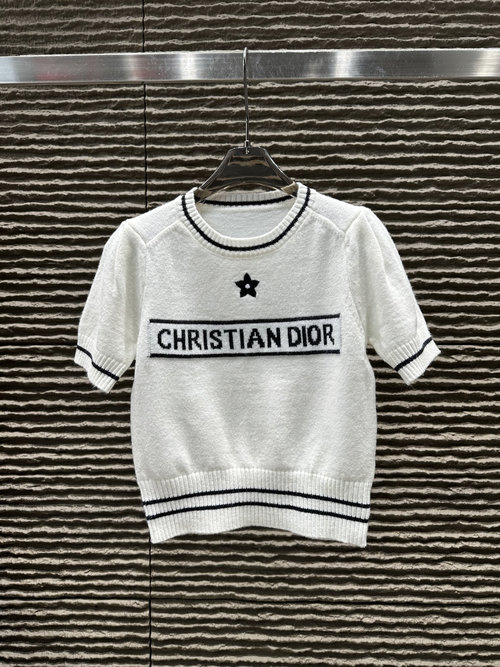 Dior Embroidered Letter Bubble - sleeve Knit Short - Sleeve Top