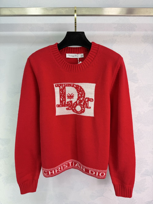 Dior Wool Blend Crew Neck Sweater with Logo and Nordic Pattern