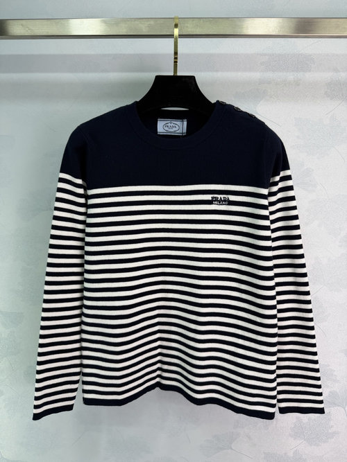Prada Striped Knitted Sweater with Button Shoulders & Logo