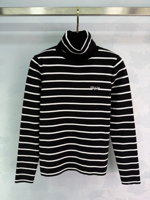 Prada Striped High Neck Knit Sweater with Logo Embroidery