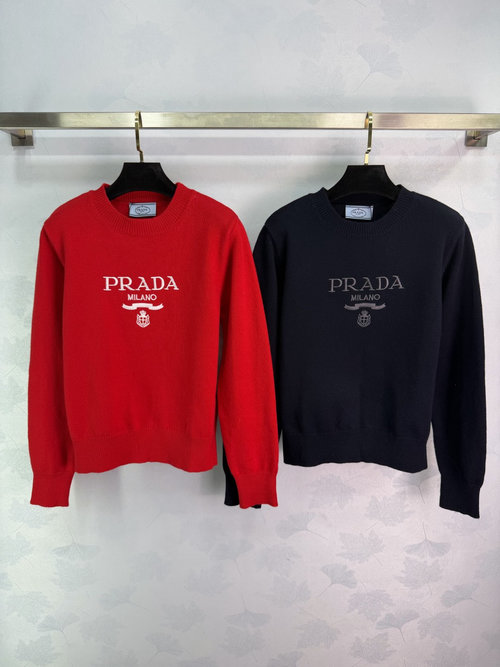 Prada Round Neck Long Sleeve Knit with Color Block Logo
