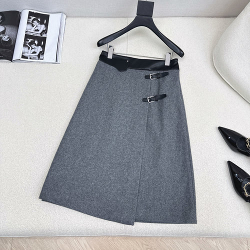 Hermes Spliced Wool Skirt with Leather Trim and Belt