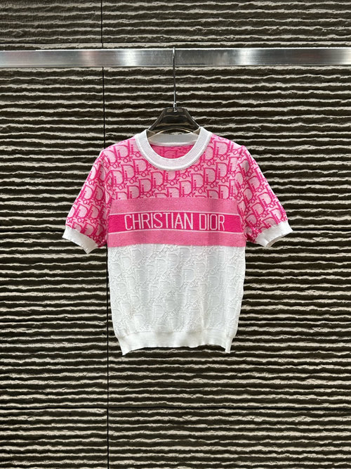 Dior Newly Arrived Jacquard Letter Color - Blocked Knit Short - Sleeve Top
