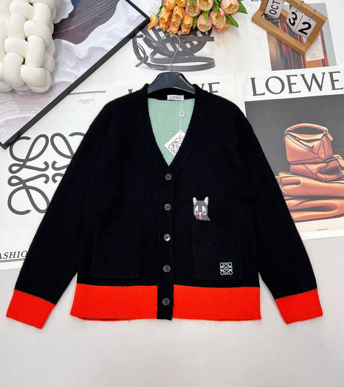 Loewe Custom V-Neck Knit Cardigan with Cat Embroidery, Stylish