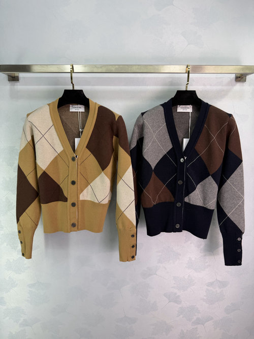 Thom Browne V-Neck Knit Cardigan with Color-Blocked Diamond Pattern